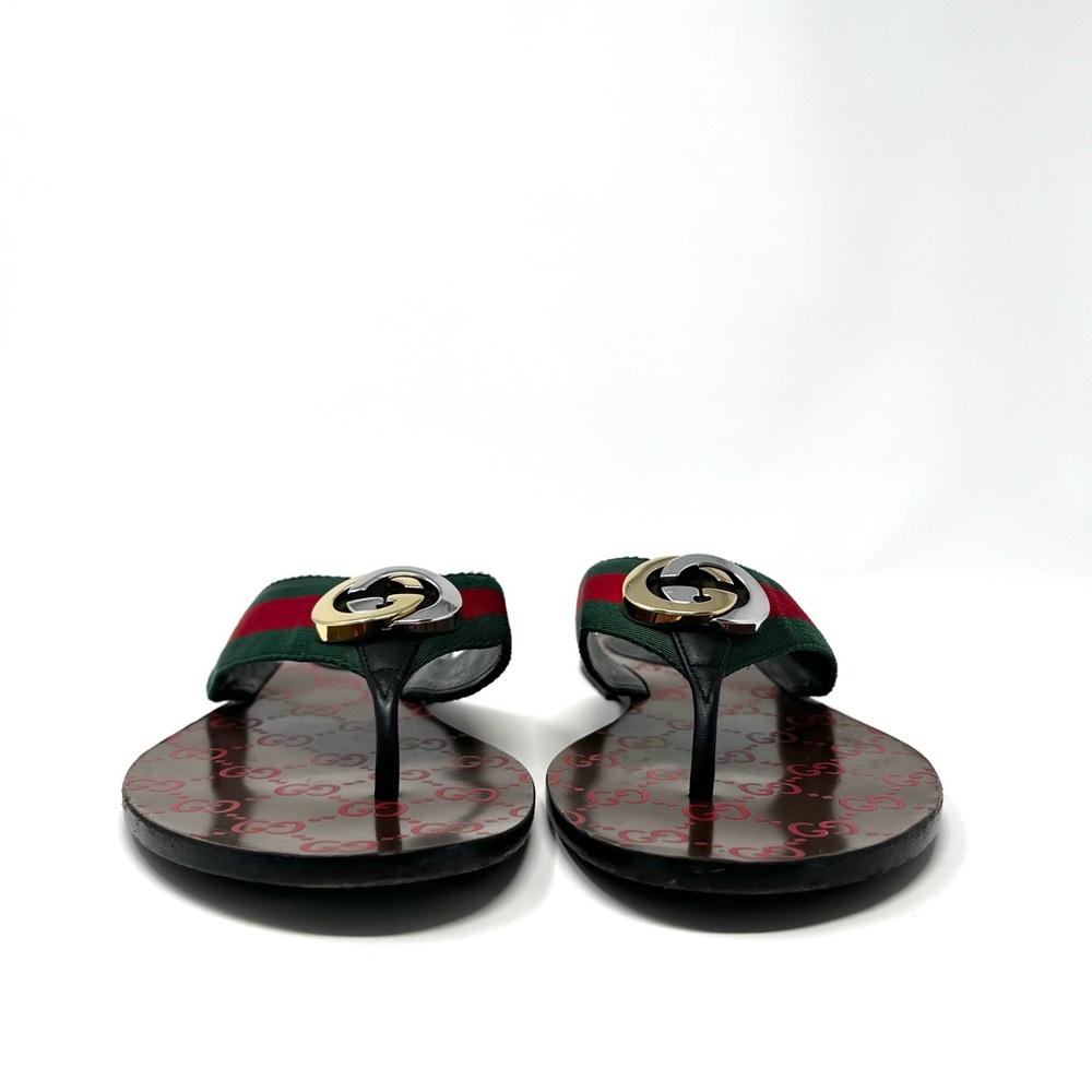 Gucci Kika Interlocking GG Logo Thong Sandals Flip Flops Flat Gold Silver 41 11 - Picture 4 of 10
